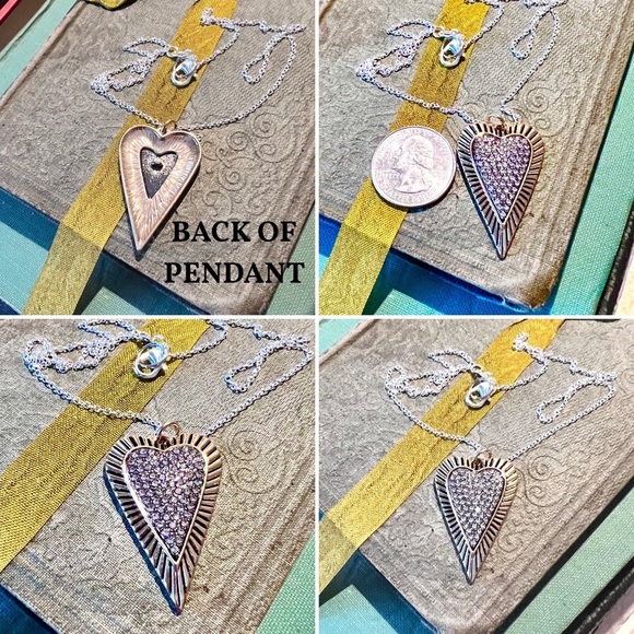 Stainless steel & rhinestones heart pendant with a no tarnish silver plate chain - Picture 9 of 16